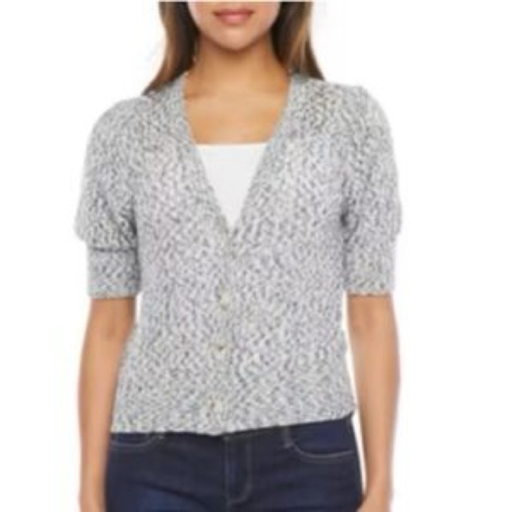 NWT Design History Blue & Off White Marled Short Puff Sleeve Knit Cardigan - M